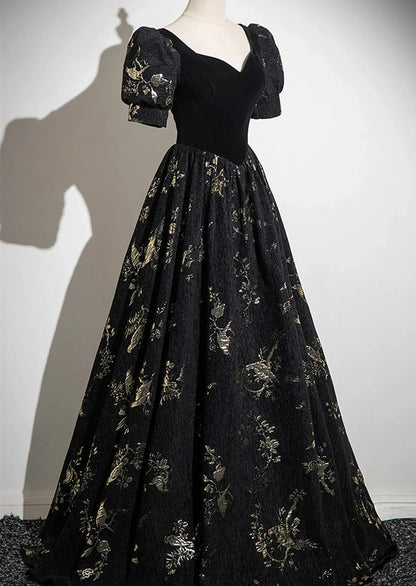 Black A-line Short Sleeves Sweetheart Floral Long PartY Dress, Black Prom Dress HZ1024