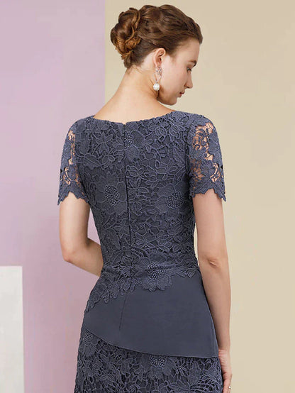 Two Piece Sheath / Column Mother of the Bride Dress Formal Wedding Guest Vintage Elegant Scoop Neck Jewel Neck Knee Length Chiffon Lace Short Sleeve Jacket Dresses with Tier Appliques