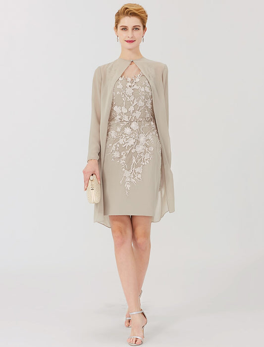Aimishang  Sheath / Column Mother of the Bride Dress Formal Classic & Timeless Elegant & Luxurious Convertible Dress Illusion Neck Knee Length Chiffon All Over Lace Long Sleeve with Appliques