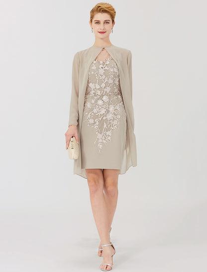 Aimishang  Sheath / Column Mother of the Bride Dress Formal Classic & Timeless Elegant & Luxurious Convertible Dress Illusion Neck Knee Length Chiffon All Over Lace Long Sleeve with Appliques