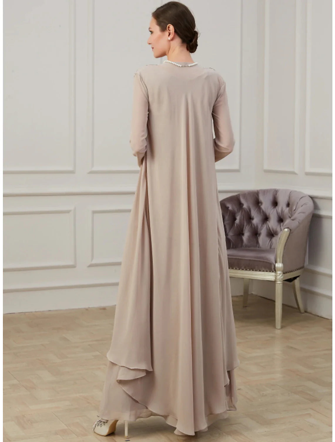 Aimishang  A-Line Mother of the Bride Dress Wedding Guest Elegant Jewel Neck Floor Length Chiffon Long Sleeve Jacket Dresses with Appliques Fall