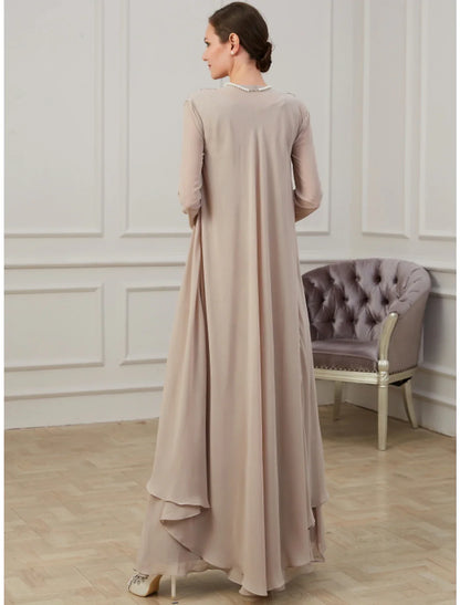 Aimishang  A-Line Mother of the Bride Dress Wedding Guest Elegant Jewel Neck Floor Length Chiffon Long Sleeve Jacket Dresses with Appliques Fall