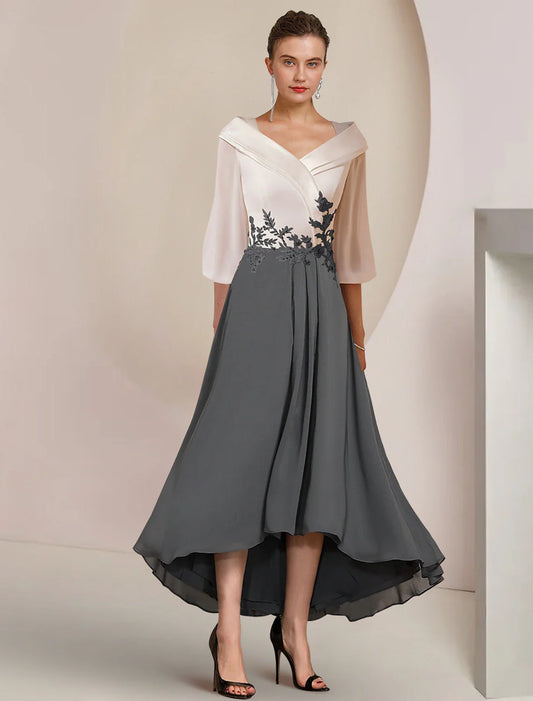 Aimishang A-Line Mother of the Bride Dress Formal Wedding Guest Elegant High Low V Neck Asymmetrical Tea Length Chiffon Lace 3/4 Length Sleeve with Pleats Appliques Color Block