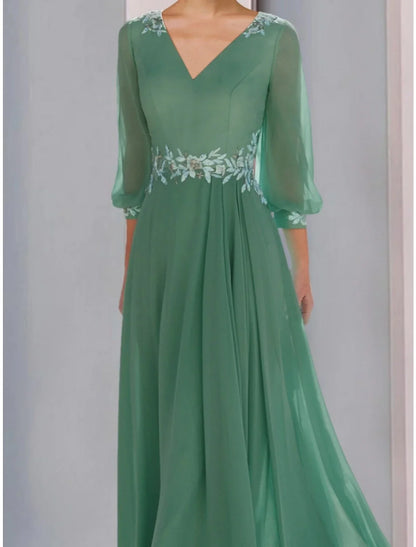 A-Line Mother of the Bride Dress Wedding Guest Elegant V Neck Ankle Length Chiffon Lace 3/4 Length Sleeve with Ruching Solid Color