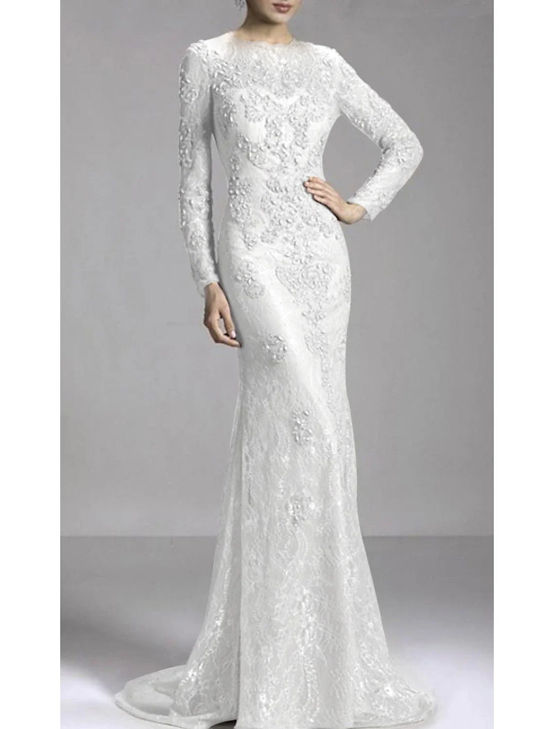 Aimishang Mermaid Party Dress Evening Gown Luxurious Dress Engagement Formal Evening Sweep / Brush Train Long Sleeve Jewel Neck Fall Wedding Guest Lace with Beading Appliques