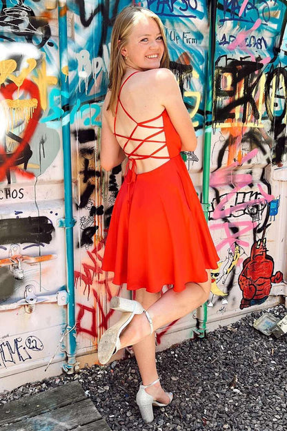 Neon Pink Lace-Up A-Line Satin Homecoming Dress,Night Dress Party Short