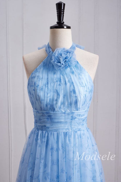 Blue Print Halter Long Bridesmaid Dress with Rosette