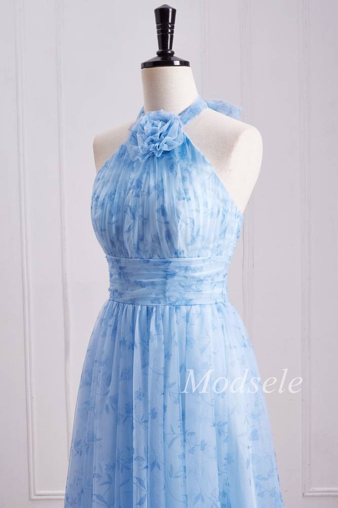 Blue Print Halter Long Bridesmaid Dress with Rosette