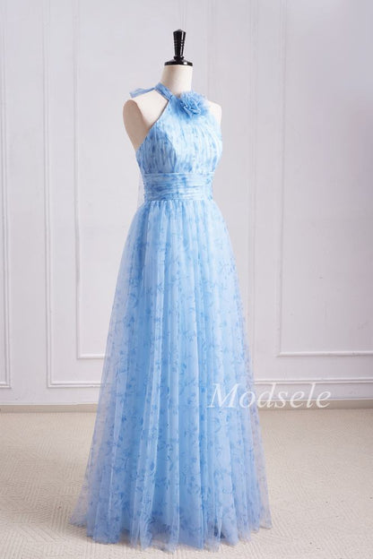 Blue Print Halter Long Bridesmaid Dress with Rosette