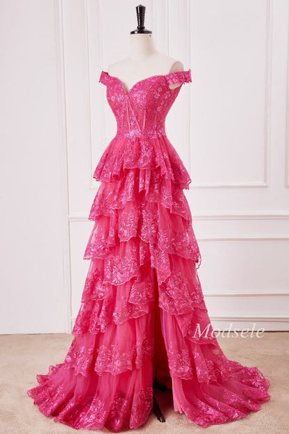 Fuchsia Glitter Appliques Off-the-Shoulder Ruffle Long Prom Dress
