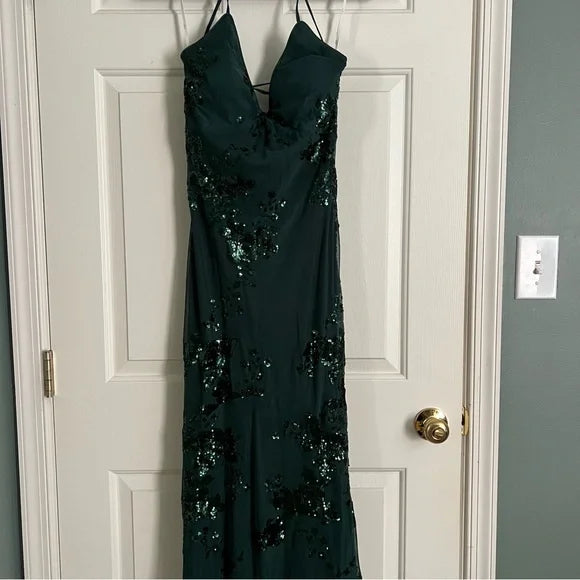 Beautiful Dark Green Mermaid V-Neck Cross-Strap Sequined Long Prom Dress Evening Dress cc5096