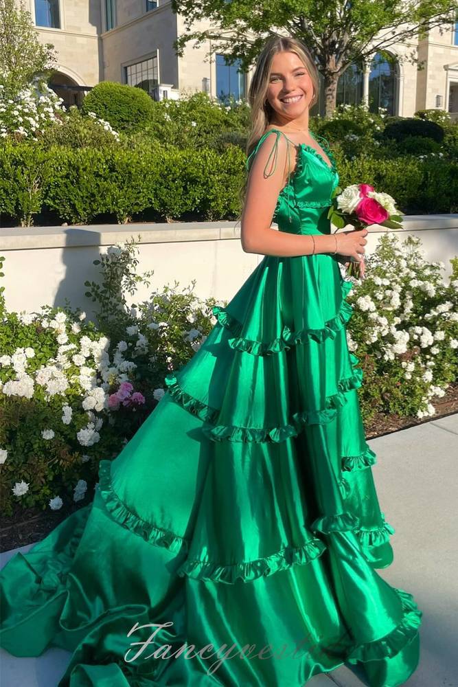 Green Straps A-Line Layere Long Prom Dress