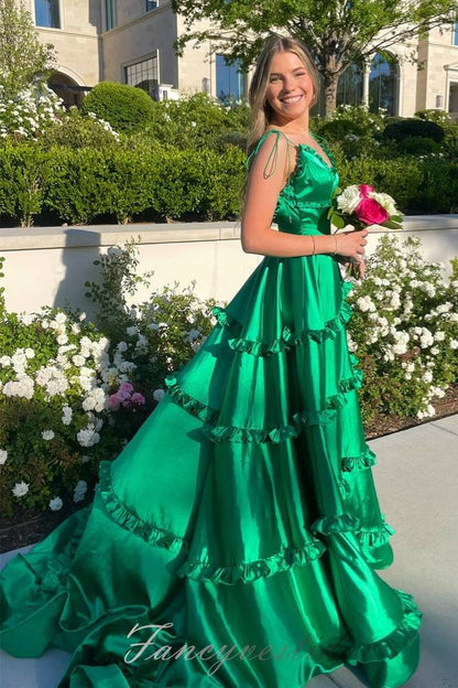 Green Straps A-Line Layere Long Prom Dress