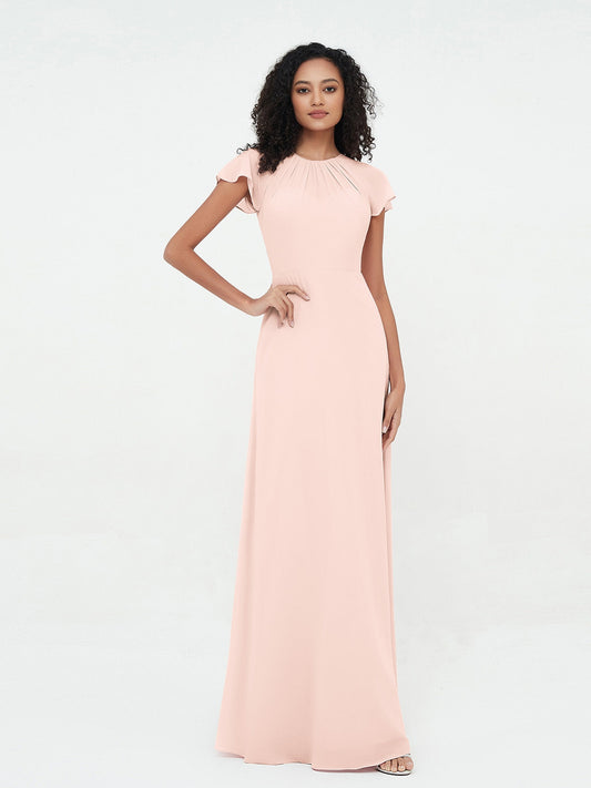 Illusion Neckline Chiffon Dresses with Cap Sleeves-Pearl Pink
