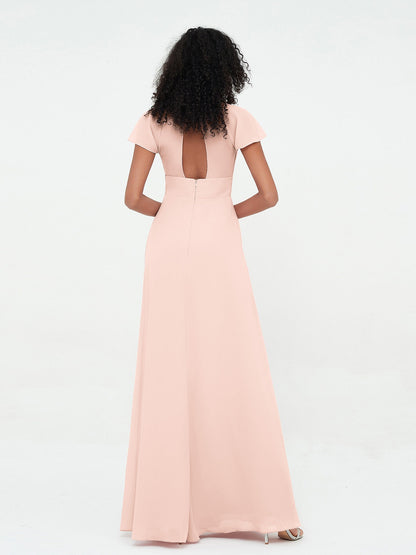 Illusion Neckline Chiffon Dresses with Cap Sleeves-Pearl Pink