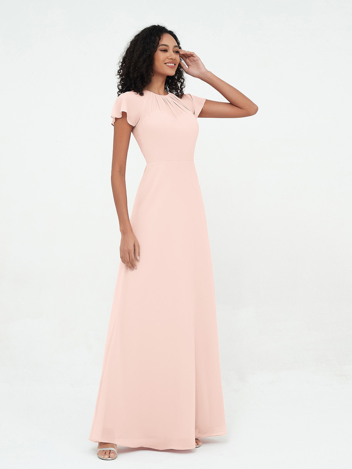Illusion Neckline Chiffon Dresses with Cap Sleeves-Pearl Pink