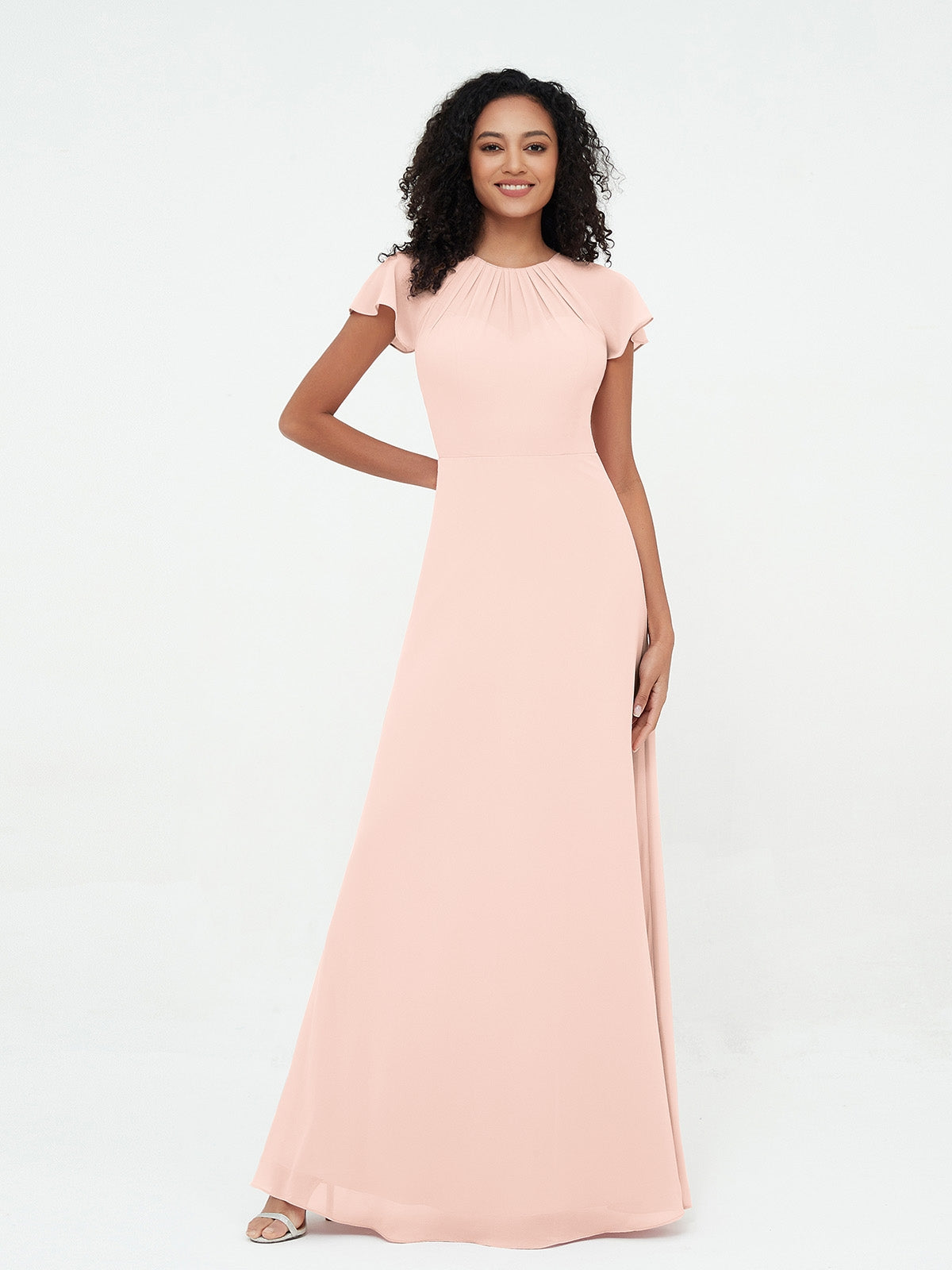 Illusion Neckline Chiffon Dresses with Cap Sleeves-Pearl Pink