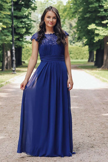 Hunter Green Chiffon Lace Cap Sleeve Bridesmaid Dress