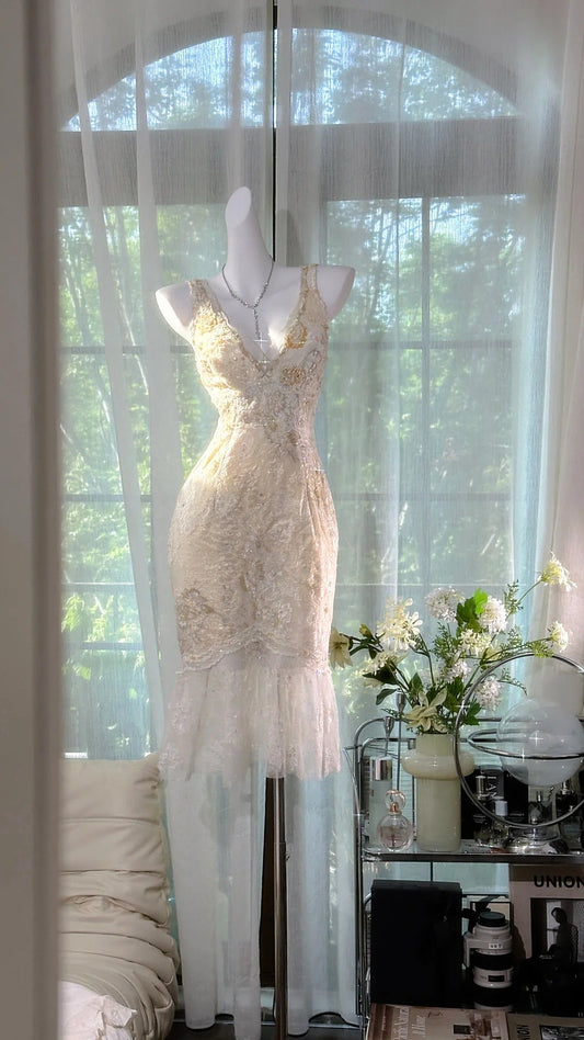 Girlhomeshops-Ivory White Short Beaded Sequin Lace Homecoming Dress Birthday Party Dress]Pink floral vintage dress long chiffon Prom Dress evening dress graduation dress party dress gh5243