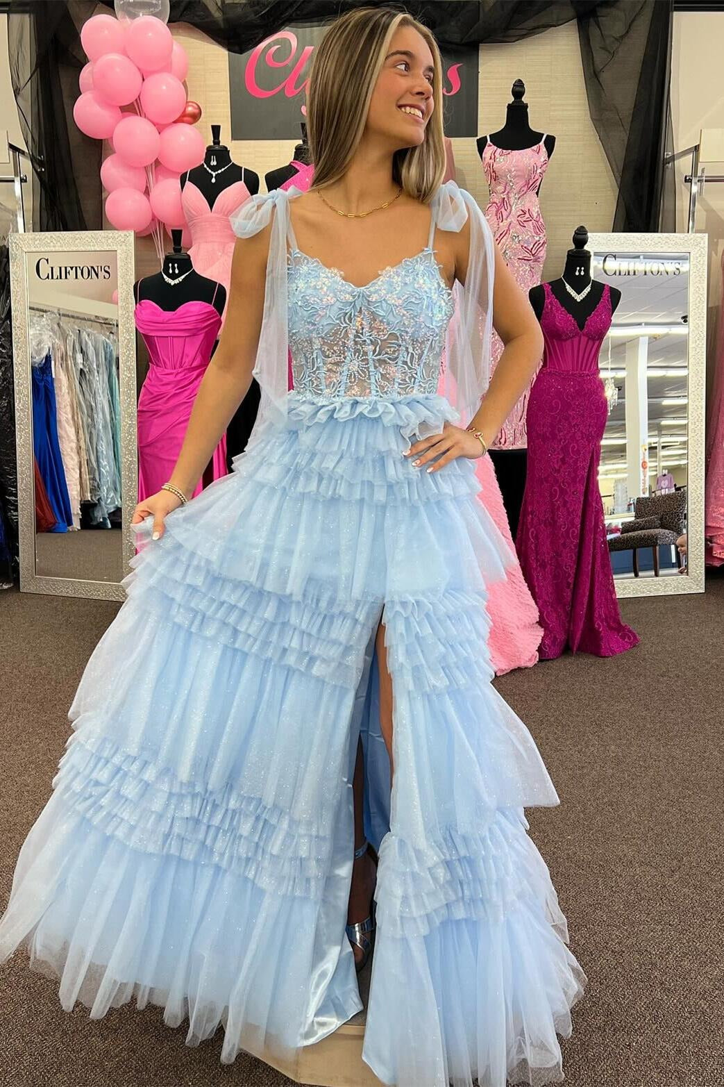A Line Light Blue Tiered Sweetheart Tulle Slit Prom Dresses