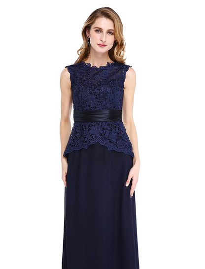 Aimishang  Sheath / Column Mother of the Bride Dress Open Back Jewel Neck Floor Length Chiffon Lace Sleeveless No with Sash / Ribbon Buttons