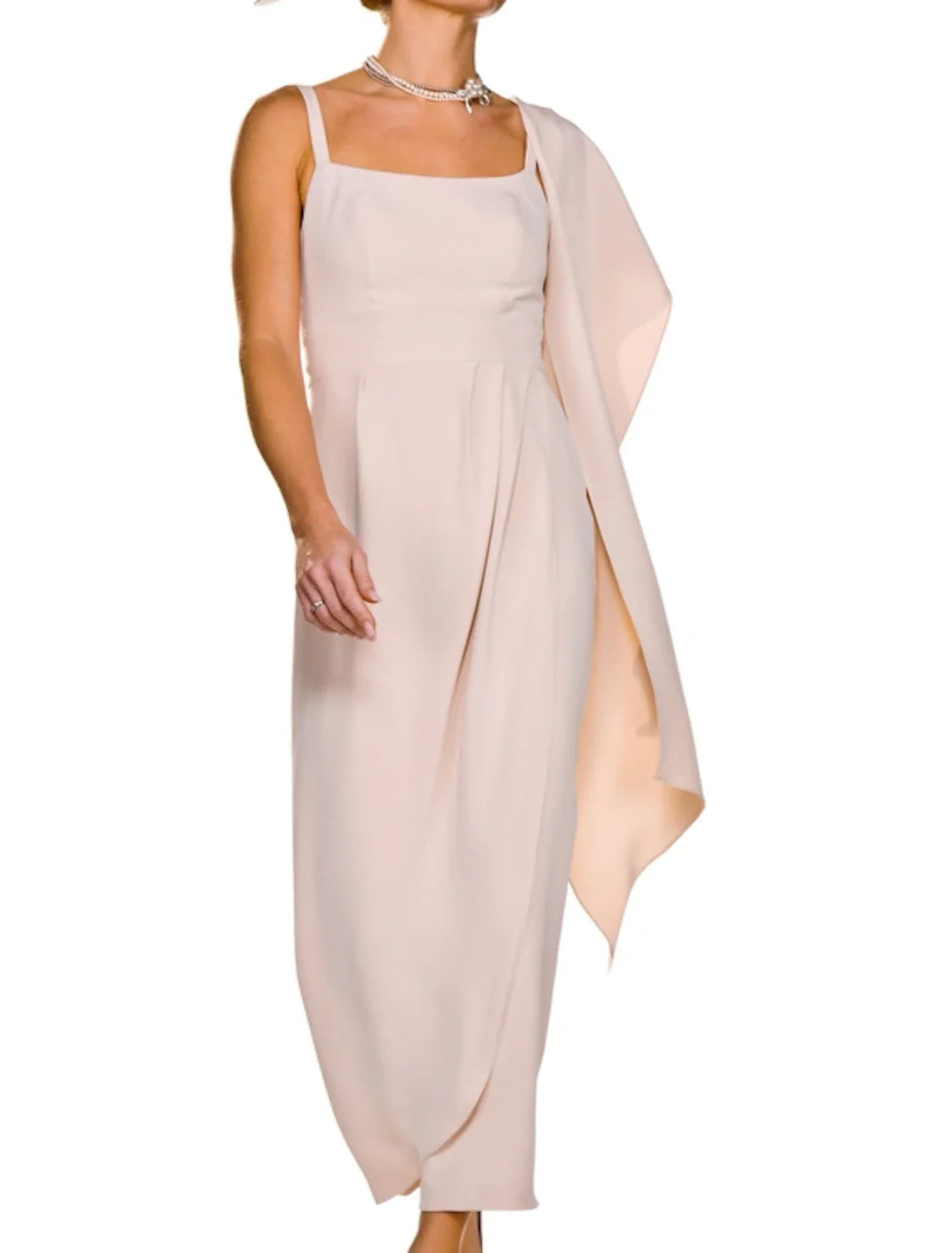 Two Piece Sheath / Column Mother of the Bride Dress Wedding Guest Elegant Square Neck Ankle Length  Fabric Sleeveless Short Jacket Dresses with Buttons Pleats