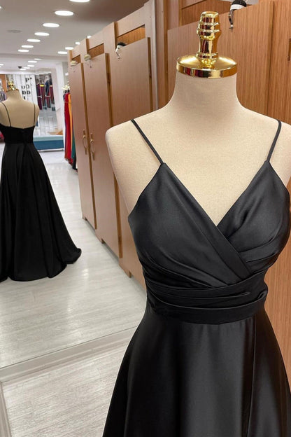 Surplice Spaghetti Strap A-Line Bridesmaid Dress in Black