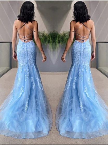 Mermaid Backless Light Blue Lace Long Prom Dresses, Mermaid Blue Formal Dresses, Light Blue Lace Evening Dresses
