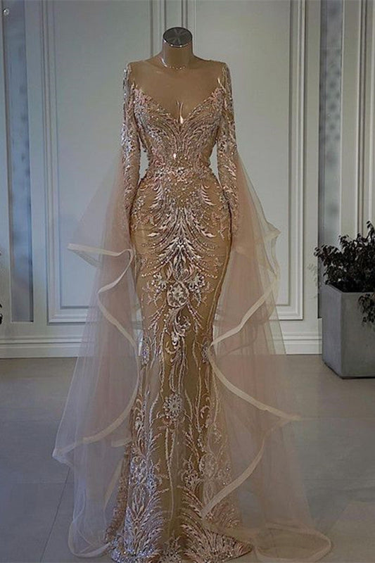 Mermaid Dress with Amazing Ruffle Long Sleeves and Tulle Lace