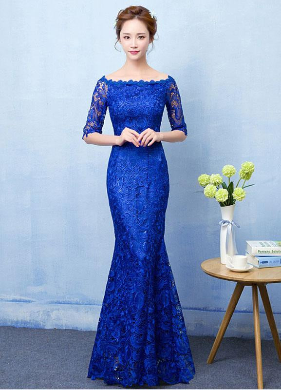 Mermaid Evening Dress Royal Blue Lace Prom Dress Off The Shoulder Half Sleeve Fishtail Maxi Party Dress Wedding Guest Dress