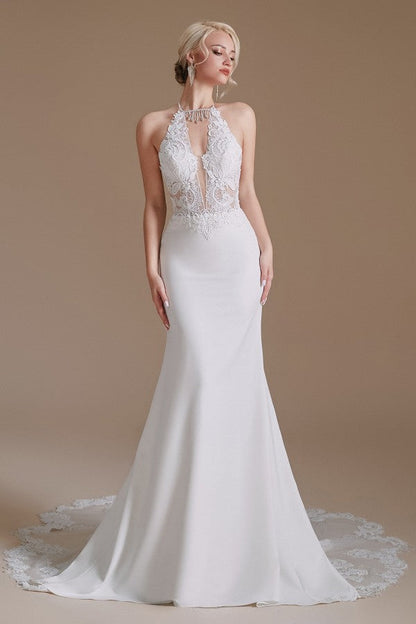 Mermaid Halter Backless Satin Wedding Dress with Appliques Lace