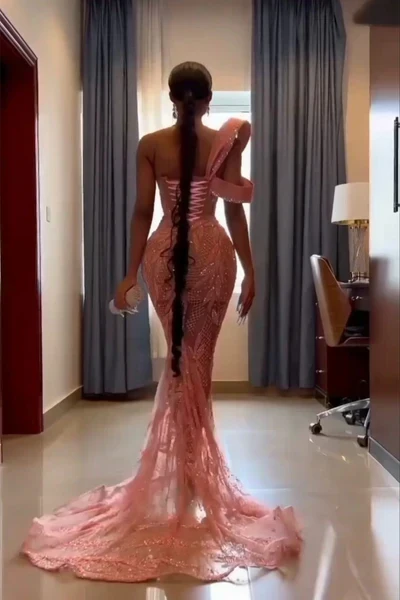 Vintage Pink Mermaid Prom Dress Sparkling Beaded Evening Gown One-shoulder Party Dress Long Formal Dress HZ1024