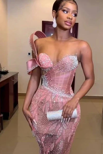 Vintage Pink Mermaid Prom Dress Sparkling Beaded Evening Gown One-shoulder Party Dress Long Formal Dress HZ1024