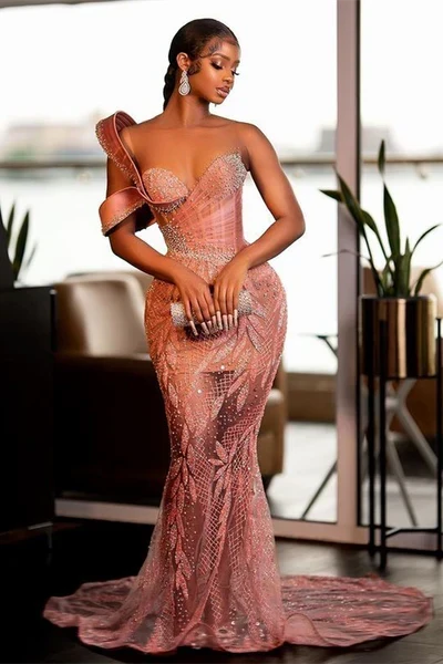 Vintage Pink Mermaid Prom Dress Sparkling Beaded Evening Gown One-shoulder Party Dress Long Formal Dress HZ1024