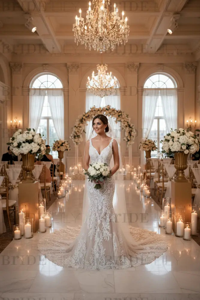 Mermaid Lace Sweetheart Wedding Dress V-neck Long Bridal Dress with Train