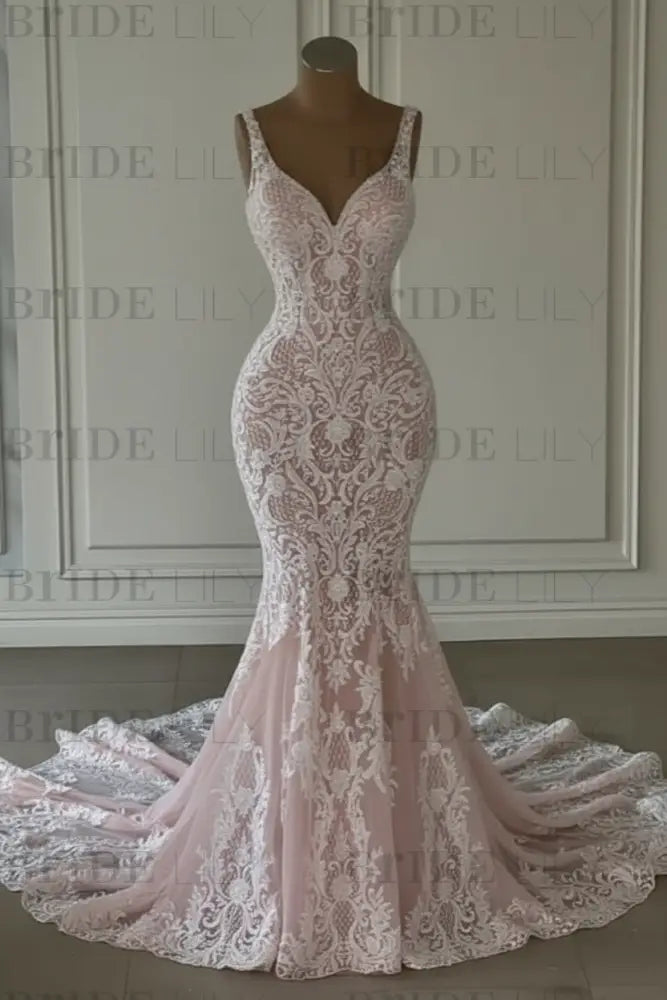 Mermaid Lace Sweetheart Wedding Dress V-neck Long Bridal Dress with Train