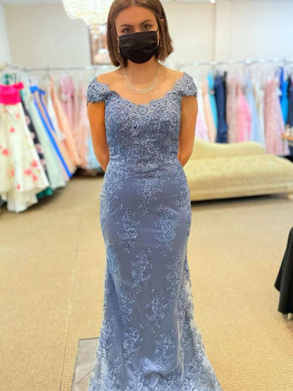 Mermaid Off Shoulder Beaded Blue Lace Long Prom Dresses, Mermaid Blue Formal Dresses, Blue Lace Evening Dresses
