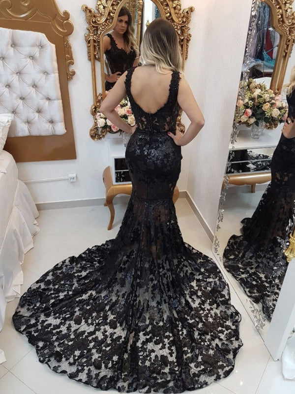 Mermaid Black Lace Prom Dresses SleevelessV-Neck Lace Evening Dresses