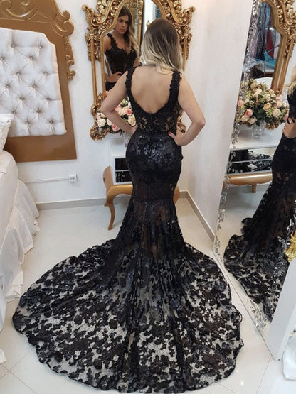 Mermaid Black Lace Prom Dresses SleevelessV-Neck Lace Evening Dresses
