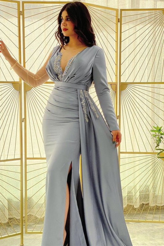 Mermaid Prom Dress with Long Sleeves and Ruffle Split