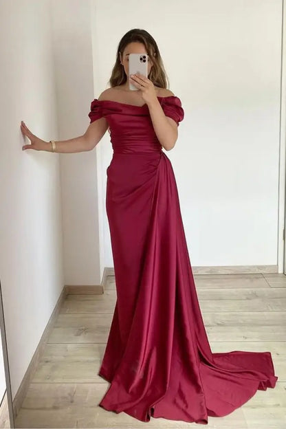 Off-the-Shoulder Ruffles Satin Mermaid Prom Dress With Train
