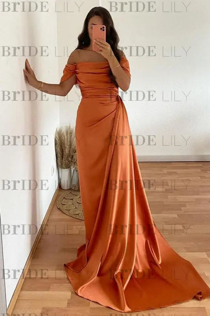 Off-the-Shoulder Ruffles Satin Mermaid Prom Dress With Train