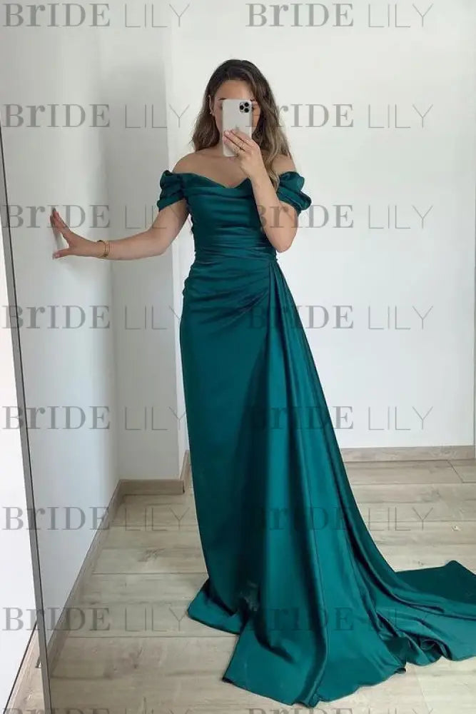 Off-the-Shoulder Ruffles Satin Mermaid Prom Dress With Train