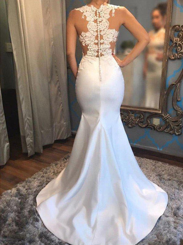 Mermaid Scoop Sleeveless Satin Applique Court Train Wedding Dresses
