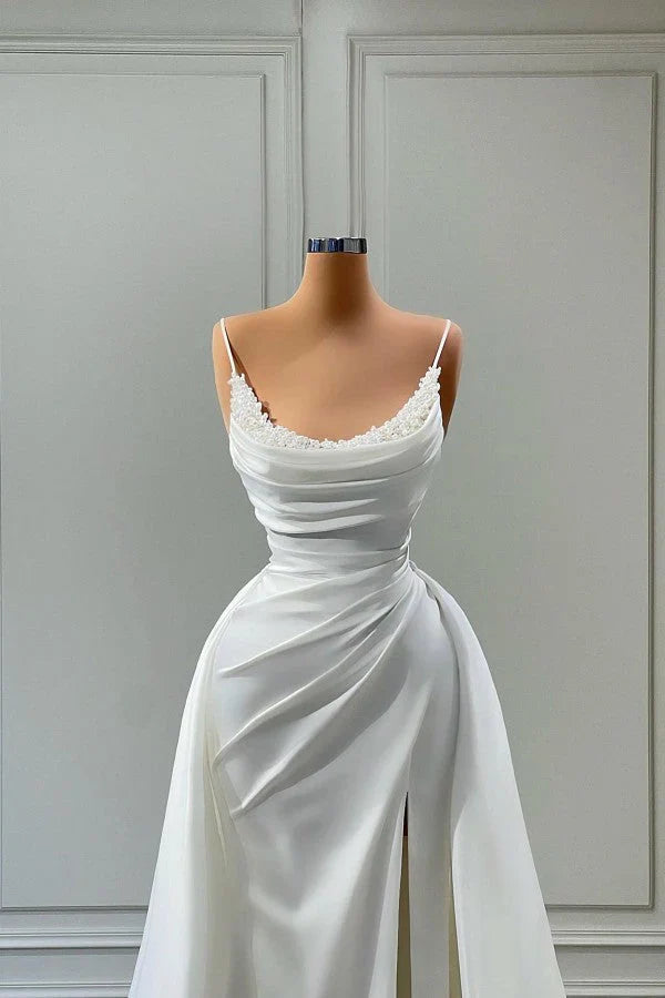 Mermaid Spaghetti Strap Floor Length Sleeveless High Split With Side Train Prom Dress Wedding Dress Elegant