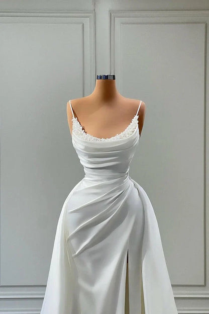 Mermaid Spaghetti Strap Floor Length Sleeveless High Split With Side Train Prom Dress Wedding Dress Elegant