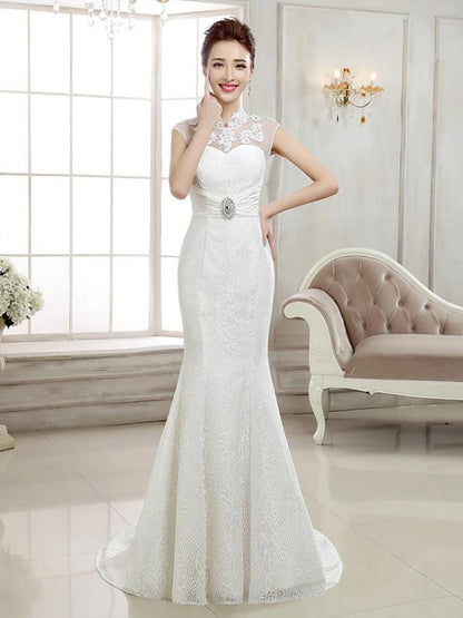 Mermaid \ Trumpet Wedding Dresses High Neck Sweep \ Brush Train Lace Cap Sleeve Sexy Illusion Detail Backless