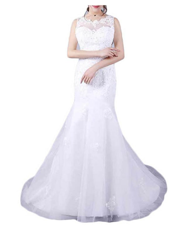 Mermaid \ Trumpet Wedding Dresses Jewel Neck Floor Length Lace Sleeveless Casual Plus Size