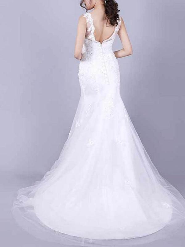 Mermaid \ Trumpet Wedding Dresses Jewel Neck Floor Length Lace Sleeveless Casual Plus Size