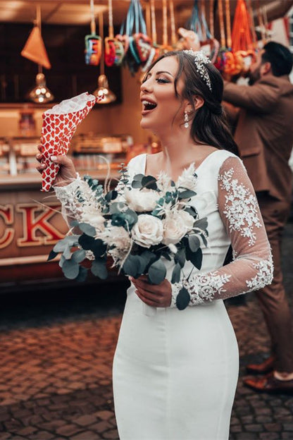 Mermaid V Neck Lace Wedding Dress with Long Sleeves